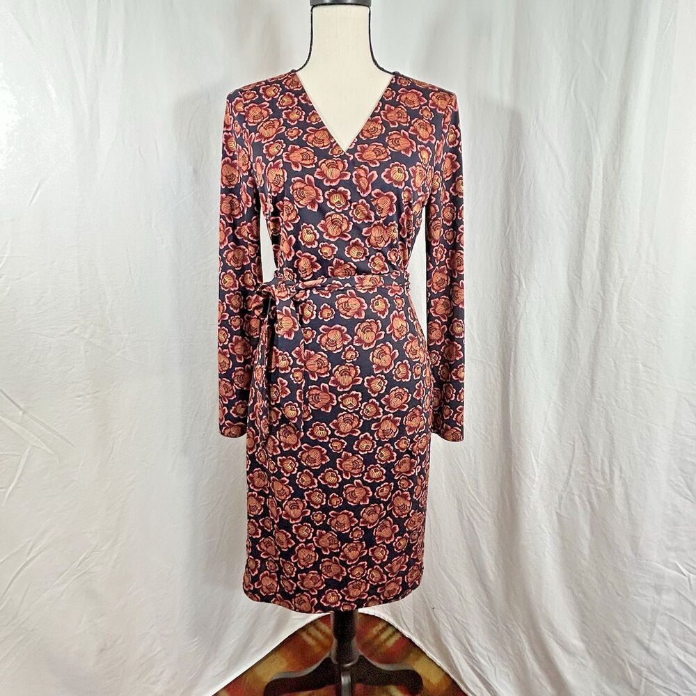 Ann Taylor Floral Wrap Dress Navy Jersey Office Career Party Boho Sexy Size 8